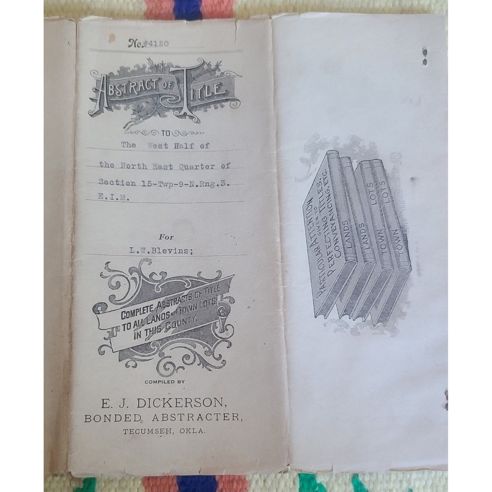 Indian Territory - Land Abstract Title -1903 To 1910 - Tecumseh OK Pottawattomie